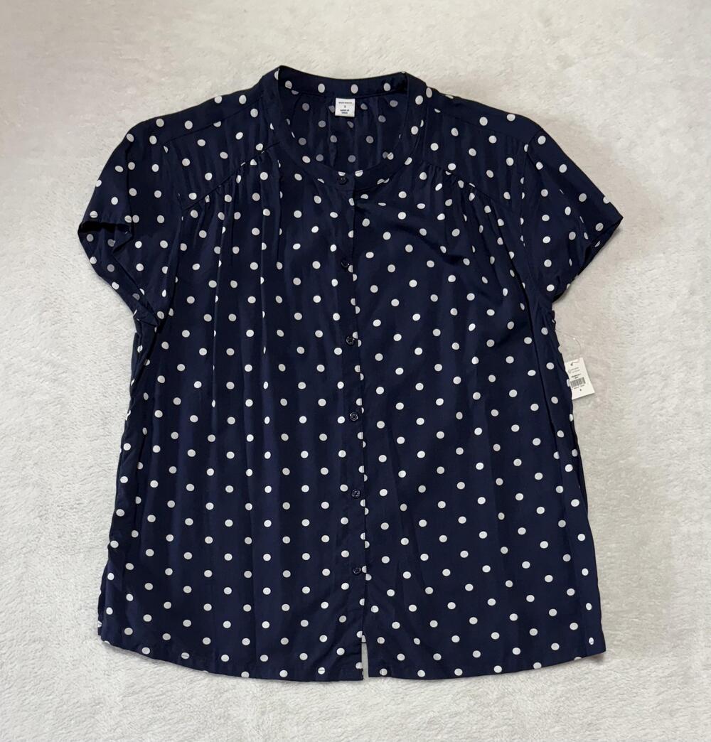Old Navy Shirt Womens Small Blue Polka Dot Short Sleeve Button Front Blouse